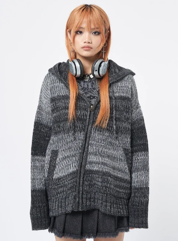 Soft cotton cardigan black -Carbon Oversized Knitted Zip-Up Hoodie