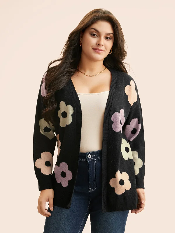 V-neck cashmere cardigan black -Contrast Floral Drop Shoulder Cardigan