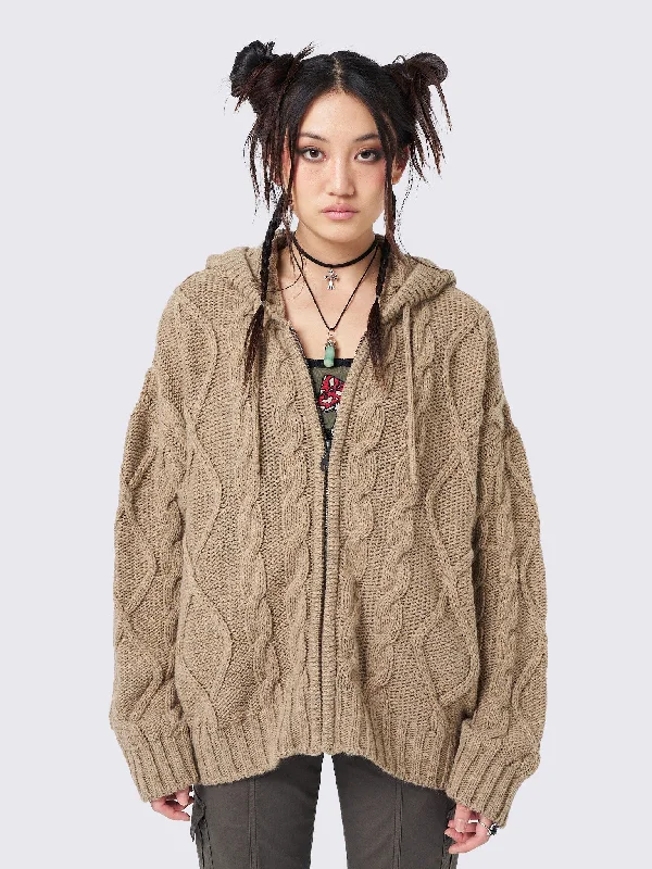 Cropped cotton cardigan black -Eli Beige Zip Up Cable Knit Cardigan