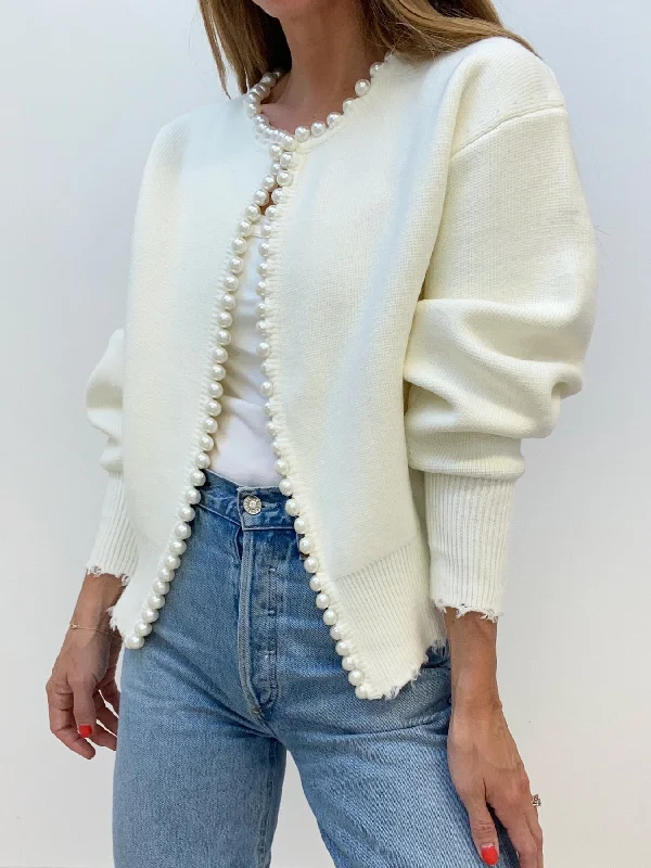 Vintage knit cardigan beige -Pearl Trim Graceful Ripped Hem Cardigan