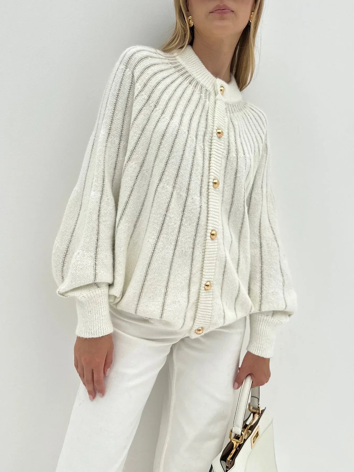 V-neck cashmere cardigan white -Elegant Batwing Graceful Sleeve Knit Dress