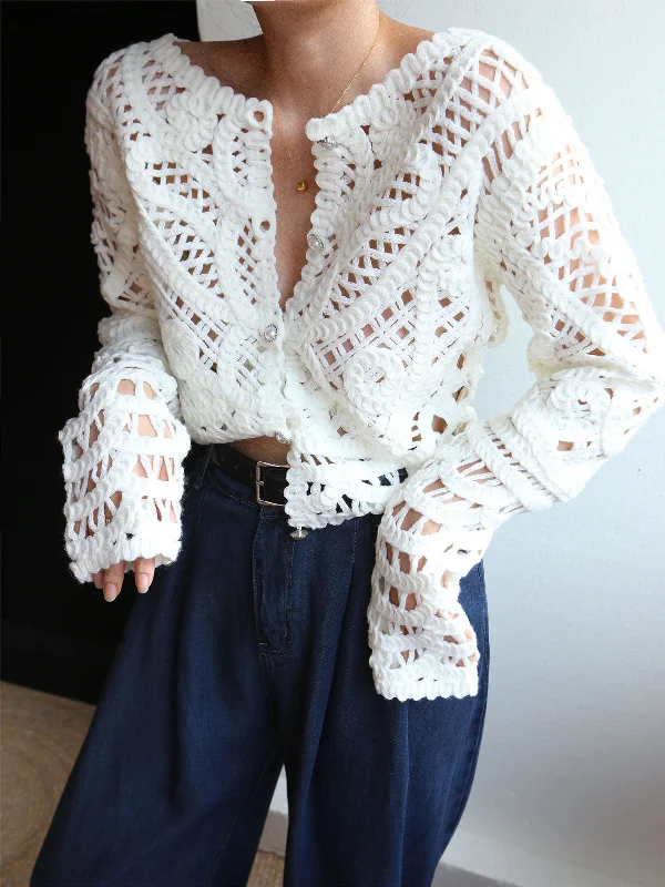 Lightweight knit cardigan brown -Crocheted Hollow Graceful Beaded Button Cardigan