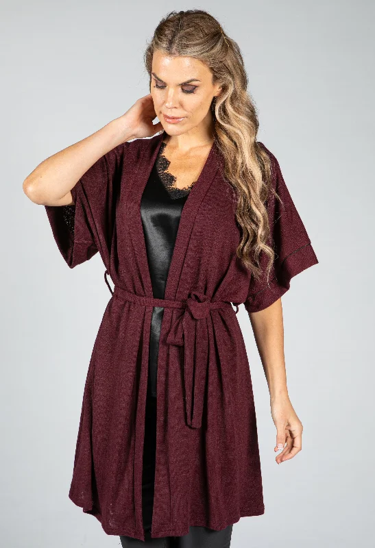 Lightweight knit cardigan red -Fine Knit Kimono Cardigan in Wine