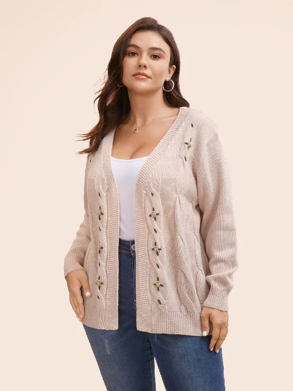 Lightweight knit cardigan beige -Floral Embroidered Kimono Collar Cable Knit Cardigan