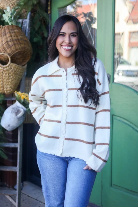 V-neck cashmere cardigan navy -Glimpse Into Tomorrow Cream Striped Cardigan Sweater