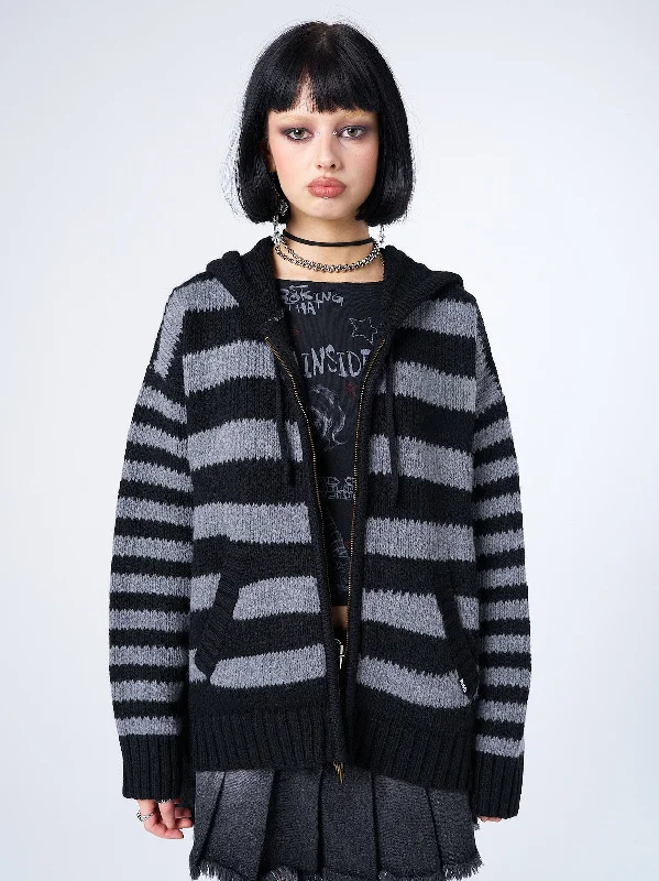 Chunky cotton cardigan black -Hazardous Oversized Knitted Zip-Up Hoodie