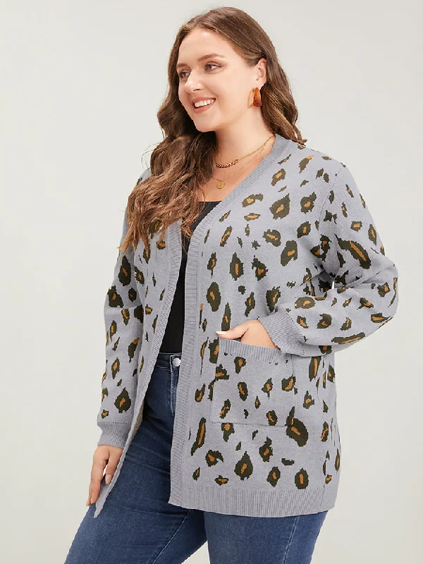 Thin wool cardigan white -Leopard Super Soft Knit Pocket Jacquard Open Front Cardigan