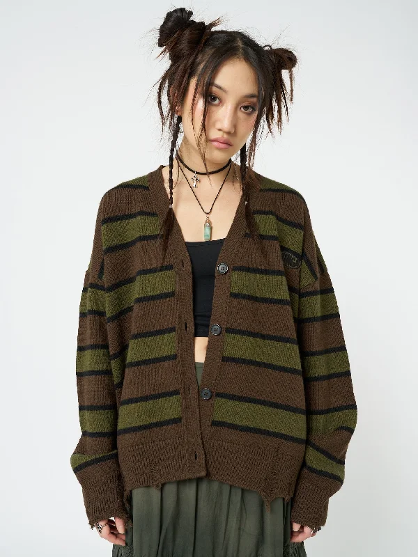 Lightweight open cardigan beige -Neesa Brown & Green Stripe Knit Cardigan