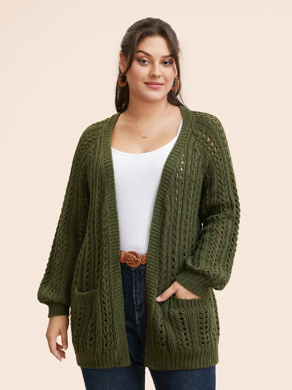 V-neck wool cardigan green -Solid Cable Knit Raglan Sleeve Cardigan