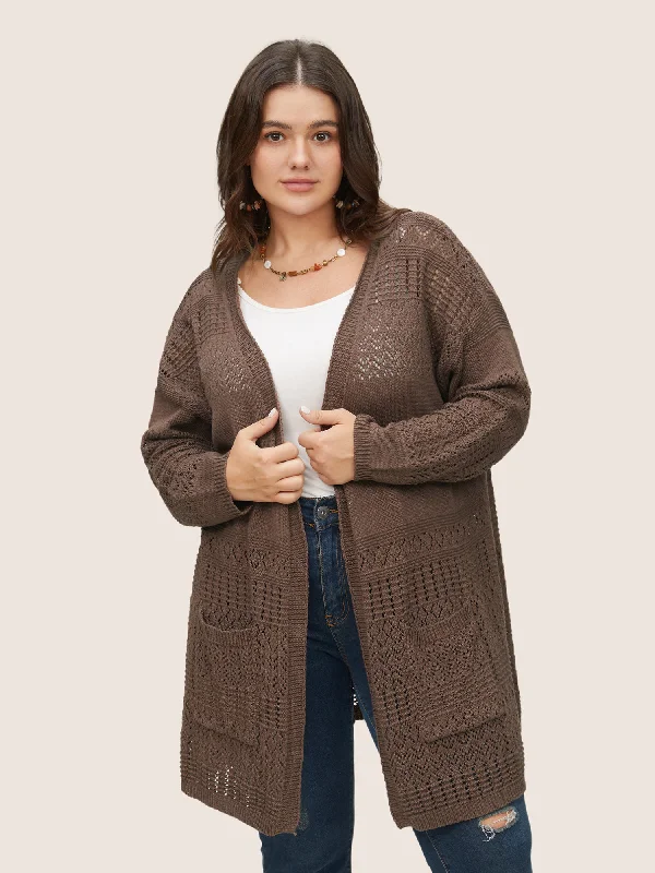 Soft cotton cardigan grey -Solid Geometric Hollow Out Pocket Cardigan