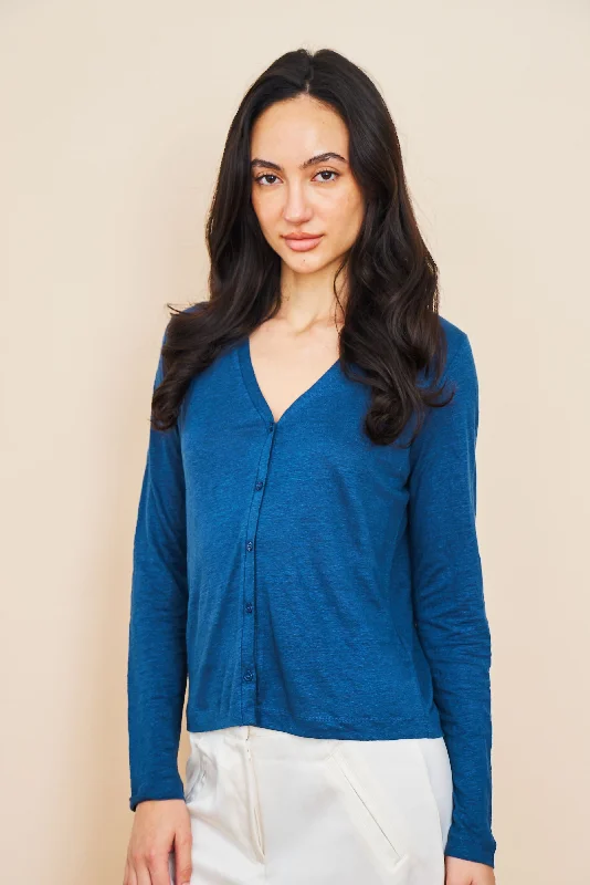 Cropped wool cardigan grey -Stretch Linen V-Neck Cardigan in Bleu Taormina