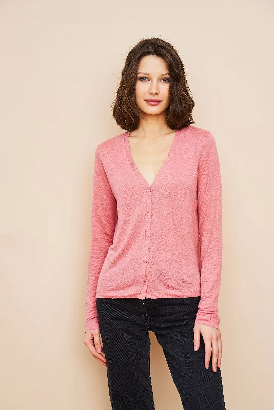 Floral wool cardigan red -Stretch Linen V-Neck Cardigan in Bouton De Rose