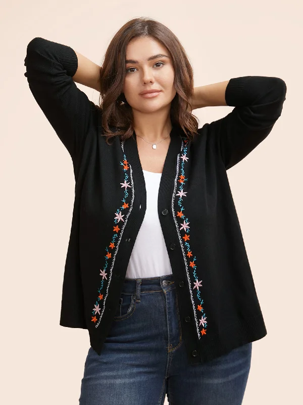 V-neck wool cardigan grey -Supersoft Essentials Floral Embroidered Cardigan