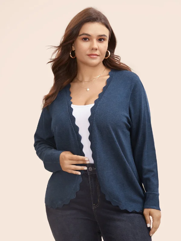 Thin cotton cardigan blue -Supersoft Essentials Solid Scalloped Trim Cardigan