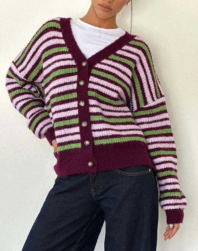 Blue cardigan classic -Uriela Cardigan in Green Pink and Burgundy Stripes