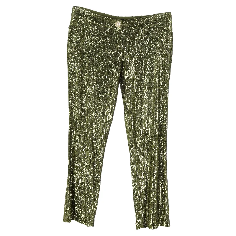 marled jeans texture -Balmain Cropped Stretch-Tulle Flared Pants in Green Sequins