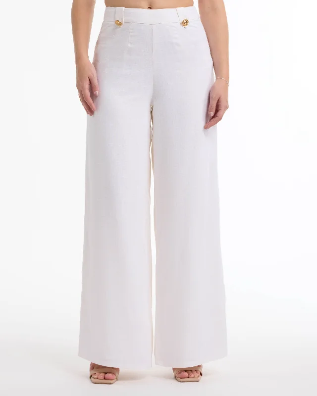 side pocket pants -BEBE Women's High Waist Wide Leg Pant with Button Tab Detail