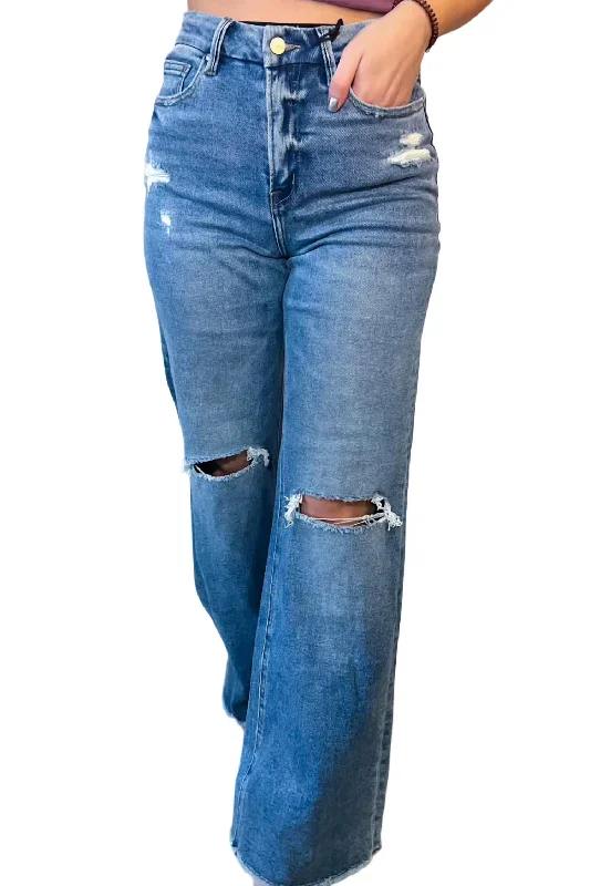 ripped cargo pants -Becca Wide Leg Distressed Denim Jean In Blue