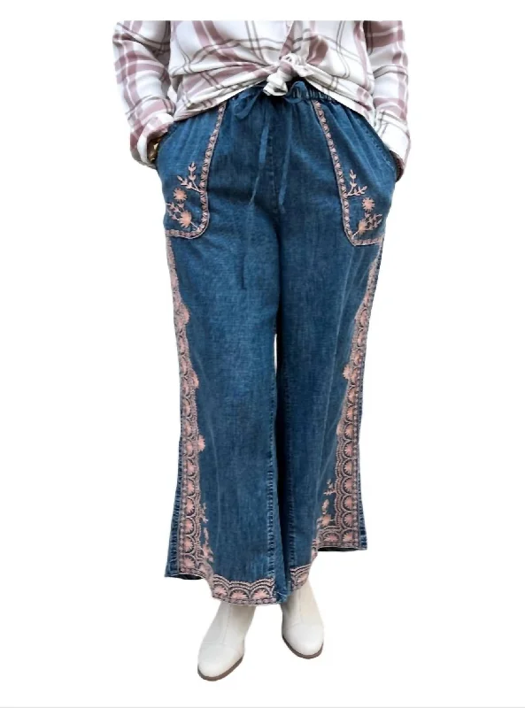 distressed cargo pants -Border Embroidery Denim Pants In Blue