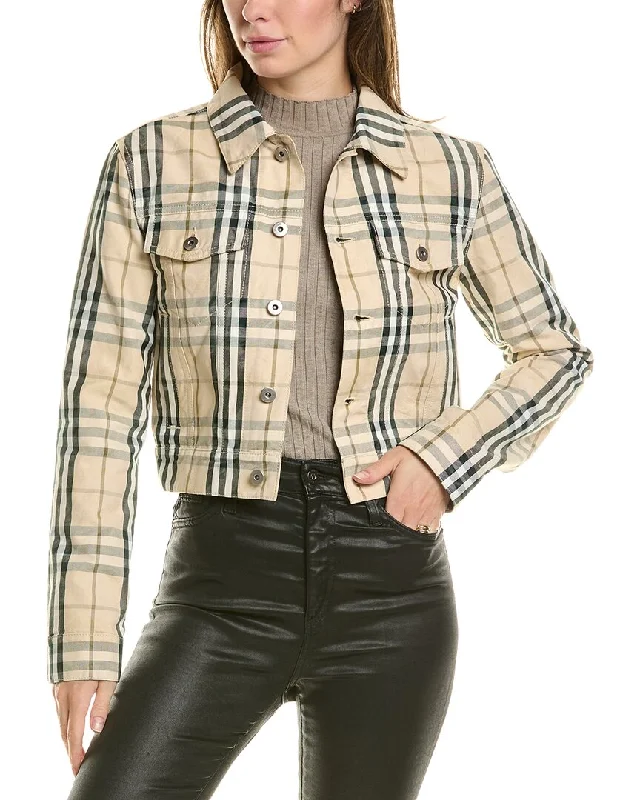 low-rise pants bold -Burberry Cropped Check Denim Jacket