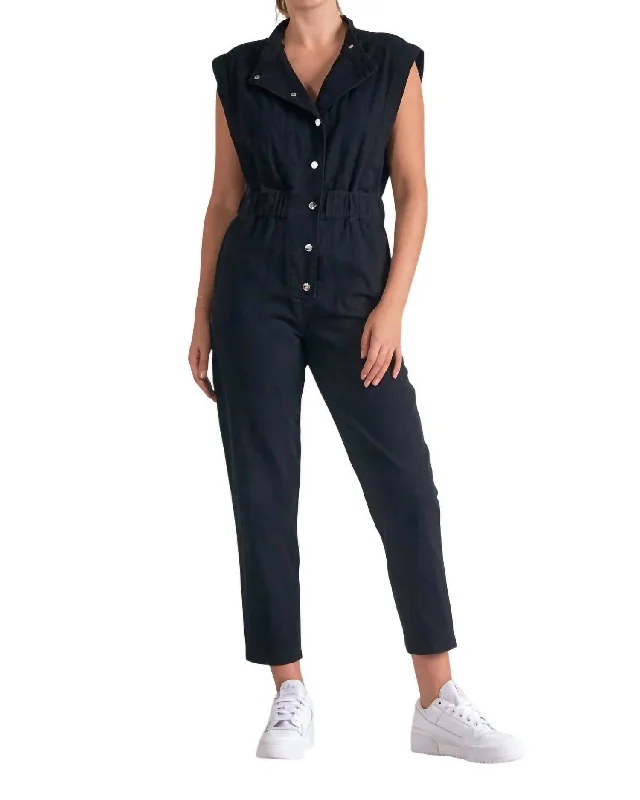 car enthusiast jeans -Buttoned Front Sleeveless Jumpsuit In Black