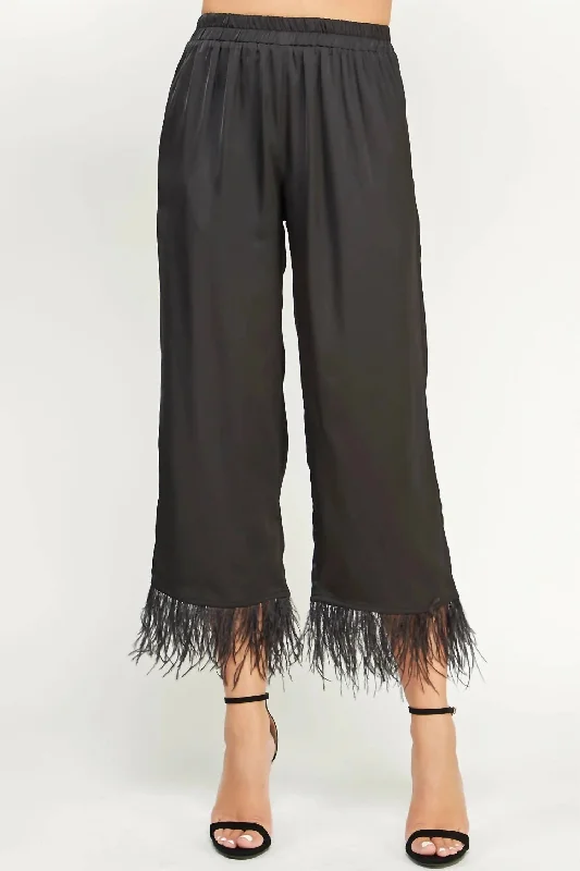 iron-on jeans -Foncy Feather Trim Pants In Black