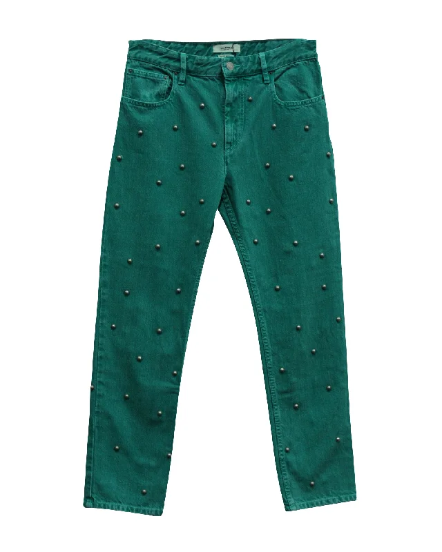 beige khaki pants -Isabel Marant Etoile Pearl Studded Jeans in Green Cotton