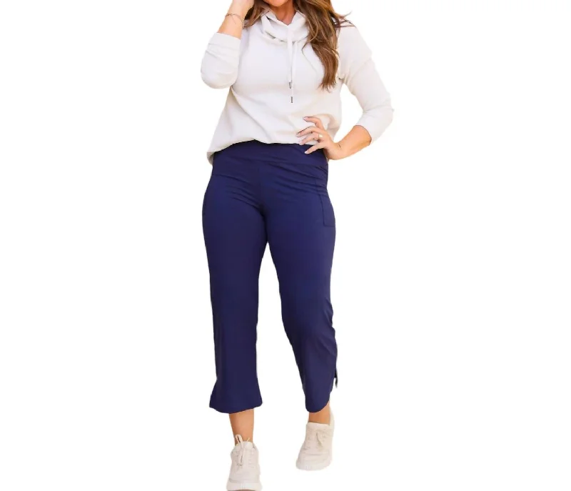 pastel pants soft -Lydia High Waisted Gaucho Pants In Navy