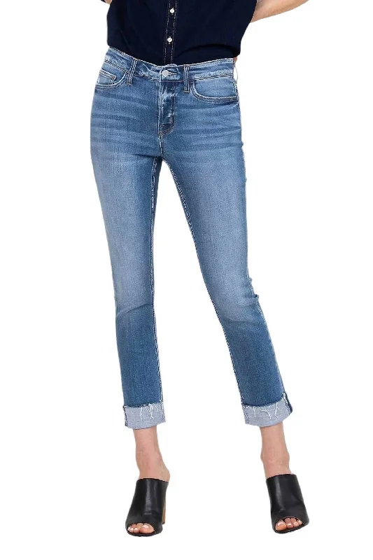 polka dot pants -Mid Rise Cuffed Straight Jeans In Medium Wash