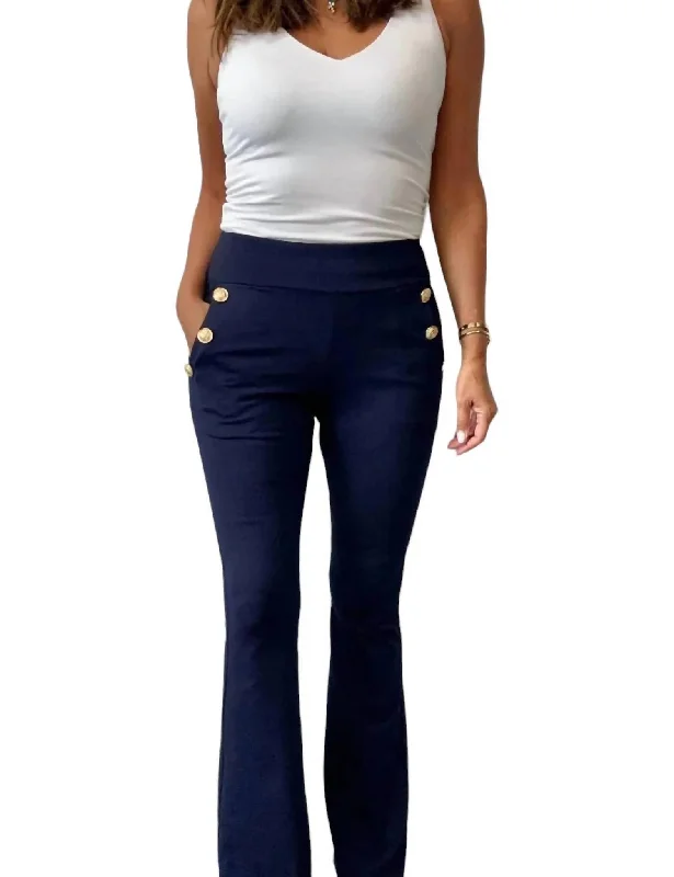 tailored pants business -Ponte Pants With Gold Buttons In Navy