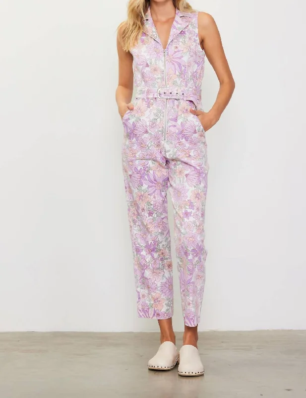 forest theme jeans -Retro Floral Belted Zip Jumpsuit In Lavender