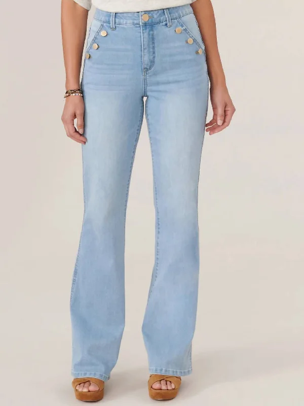 90s throwback pants -Skyrise Long Flare Jean With Angled Button-Lined Pockets In Powder Blue Artisanal Denim