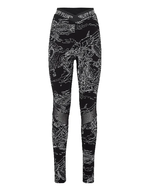 relaxed graphic pants -Super High Waist Leggings Stones Skeleton tattoo