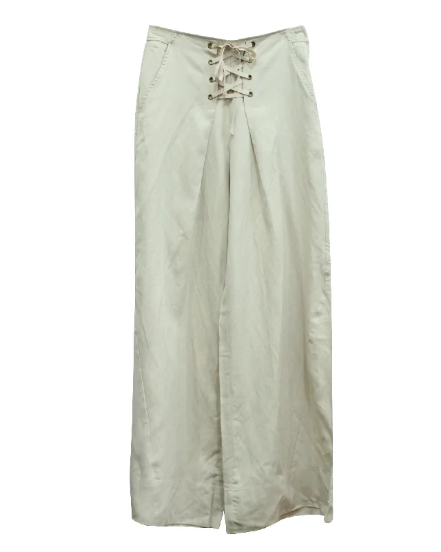 neon pants party -Ulla Johnson Lace Up Pleated Twill Pants in Beige Lyocell