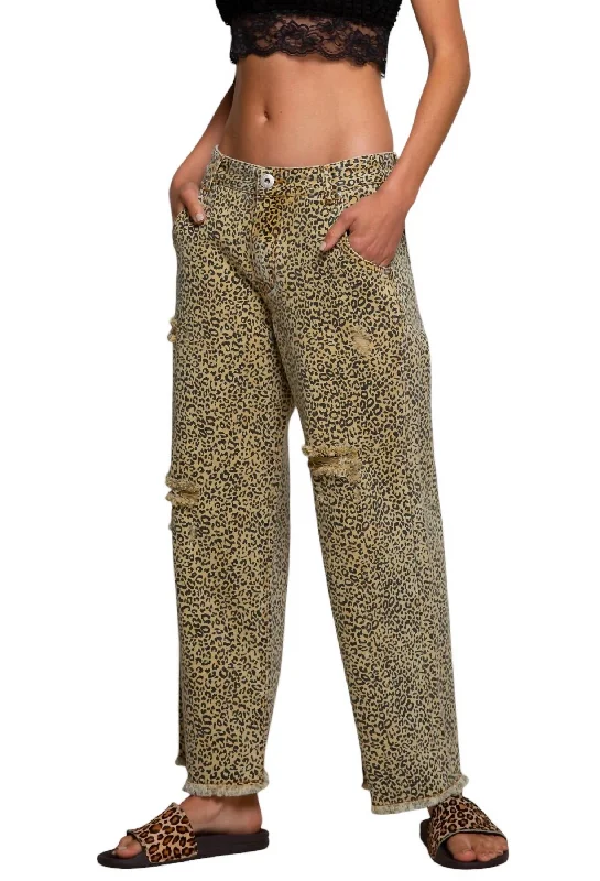 maternity pants stretch -Wide Straight Leg Leopard Print Crop Vintage Denim In Mustard